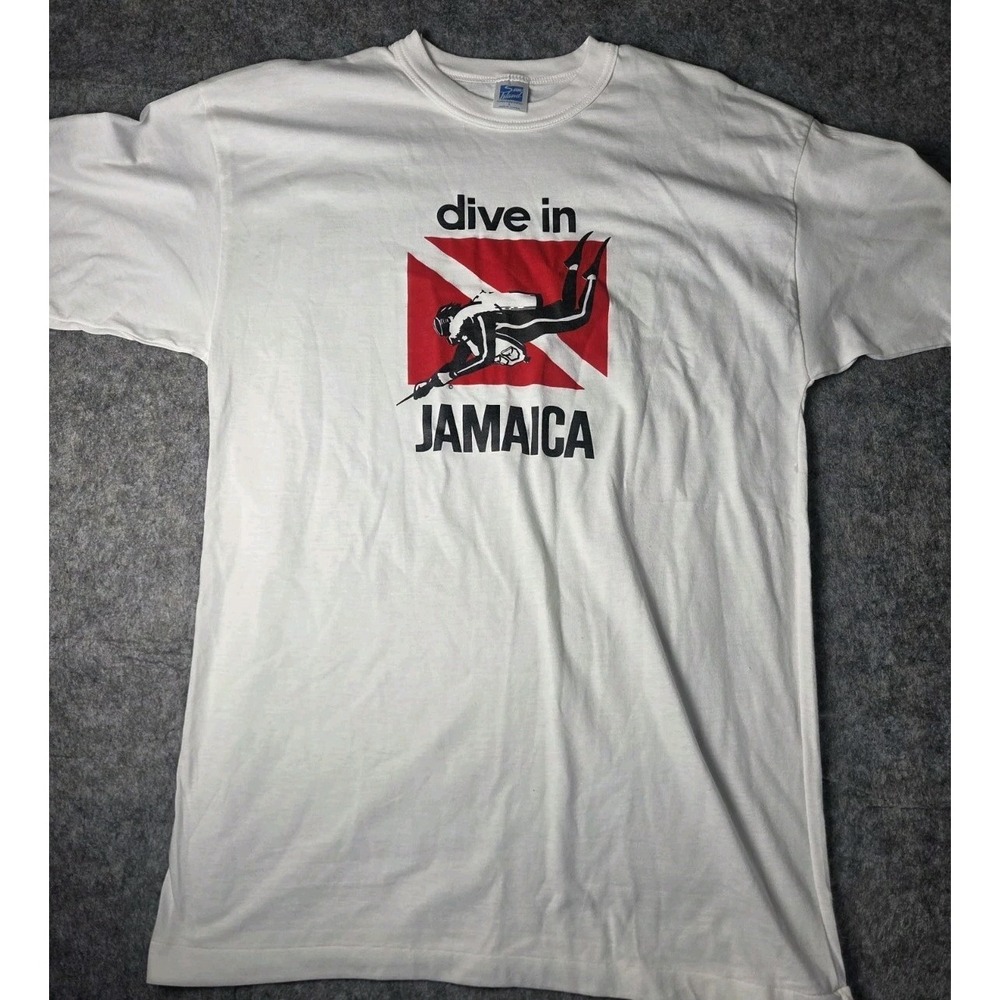 Vintage Dive In Jamaica Sun Island Graphic T Shirt White Large Single Stitch
